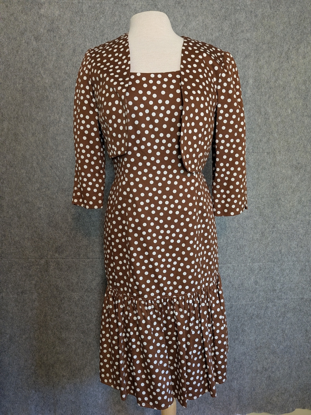 Talbots Mocha & White Polka Dot Sleeveless Dress with Bolero Jacket Sz 6